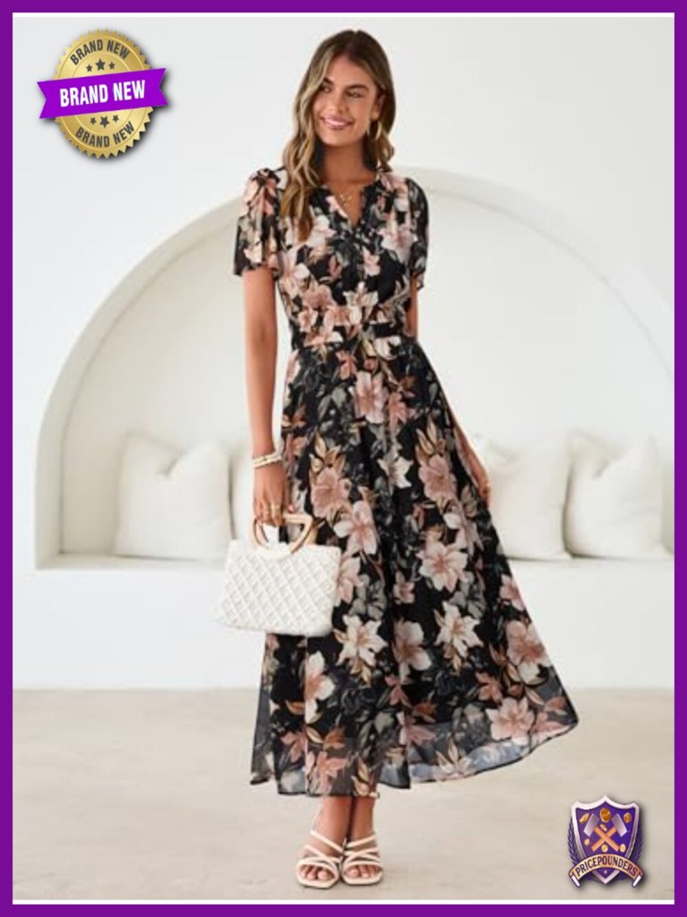 Women Floral Summer Maxi Dress Boho Flowy Casual Chiffon Short Sleeves V Neck - Picture 2 of 6